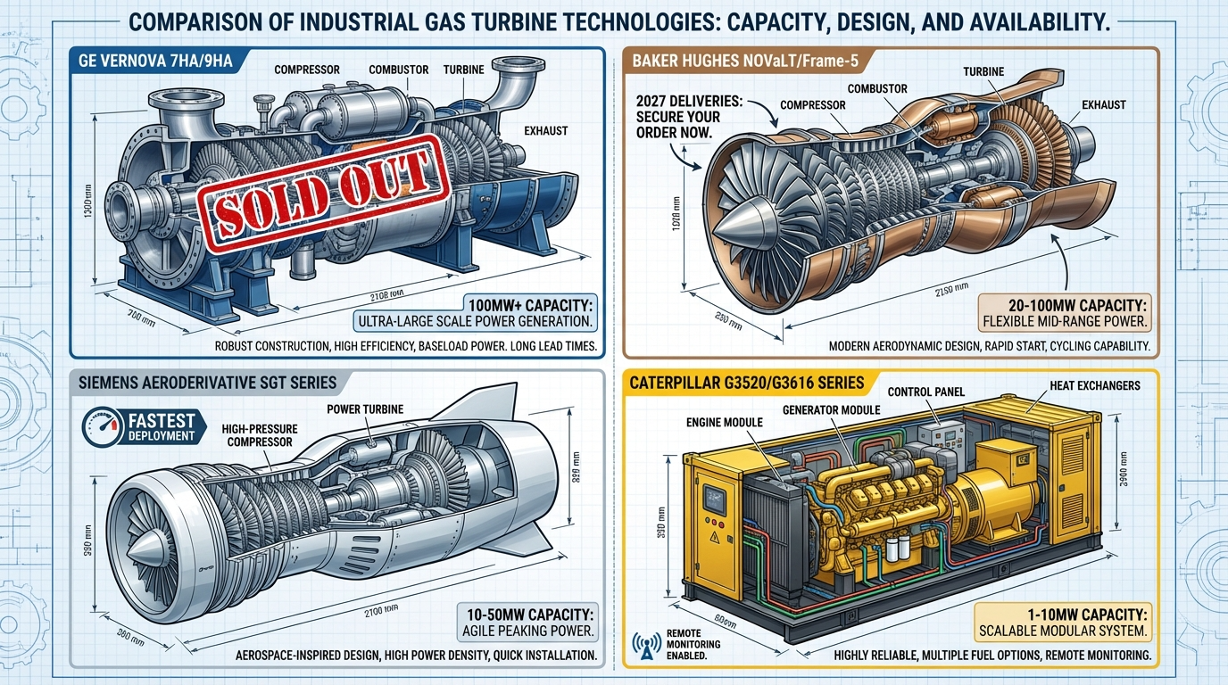 Comparison of industrial gas turbine technologies showing GE Vernova (sold out), Baker Hughes NovaLT (2027 deliveries), Siemens Aeroderivative SGT (fastest deployment), and Caterpillar G3520/G3616 (1-10MW modular system)